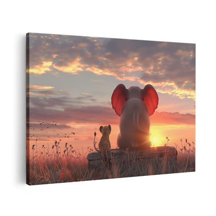 Canvas schilderij vooraanzicht Olifant en een Leeuw Kijken naar de Zonsondergang