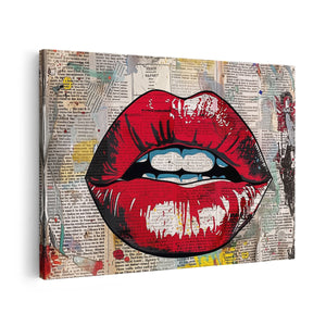 Canvas schilderij vooraanzicht Rode Lippen op een Krant