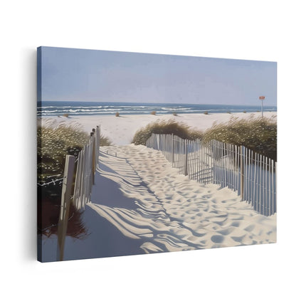 Canvas schilderij vooraanzicht Kunstwerk van een Strand met Zand en een Hek