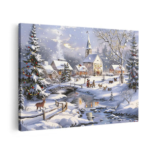 Canvas schilderij vooraanzicht Kunstwerk van een Dorp in de Sneeuw