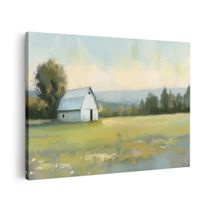 Canvas schilderij vooraanzicht Kunstwerk van een Schuur in een Veld