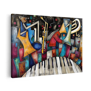 Canvas schilderij vooraanzicht Saxofoon, Piano en Saxofoon