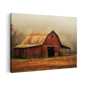Canvas schilderij vooraanzicht Rode Schuur in een Mistig Veld