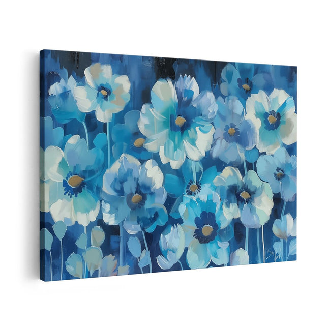 Canvas schilderij vooraanzicht Blauwe Bloemen op een Zwarte Achtergrond