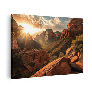 Canvas schilderij vooraanzicht De Zon schijnt over een Kloof