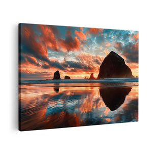 Canvas schilderij vooraanzicht Zonsondergang bij Cannon Beach, Oregon