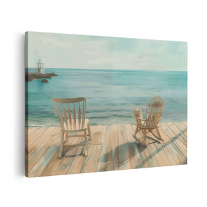 Canvas schilderij vooraanzicht Twee Schommelstoelen op een Houten Terras met Uitzicht op de Oceaan