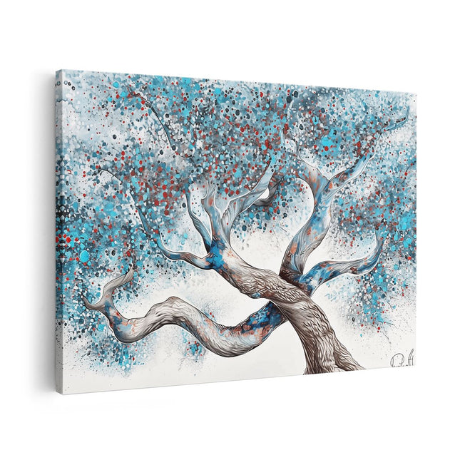 Canvas schilderij vooraanzicht Kunstwerk van een Boom met Blauwe en Rode Verf