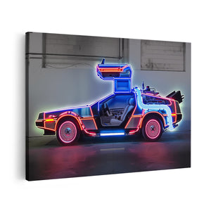 Canvas schilderij vooraanzicht Terug naar de Toekomstige Auto met Neonlichten