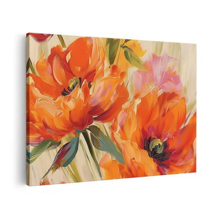 Canvas schilderij vooraanzicht Oranje Bloemen op een Beige Achtergrond