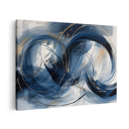 Canvas schilderij vooraanzicht Abstract Kunstwerk met Blauwe en Gouden Wervelingen