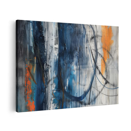 Canvas schilderij vooraanzicht Abstract Kunstwerk met Blauwe en Oranje Lijnen