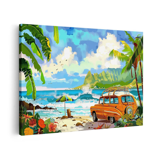 Canvas schilderij vooraanzicht Oranje Busje Geparkeerd op het Strand