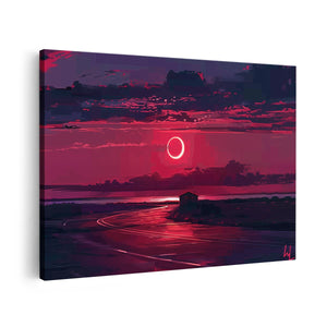 Canvas schilderij vooraanzicht De Zon gaat onder over een Weg