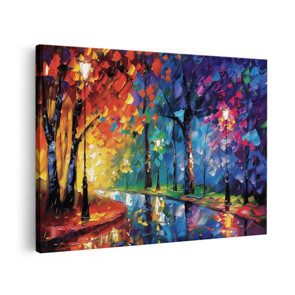 Canvas schilderij vooraanzicht Kleurrijk Kunstwerk van Bomen en Straatverlichting