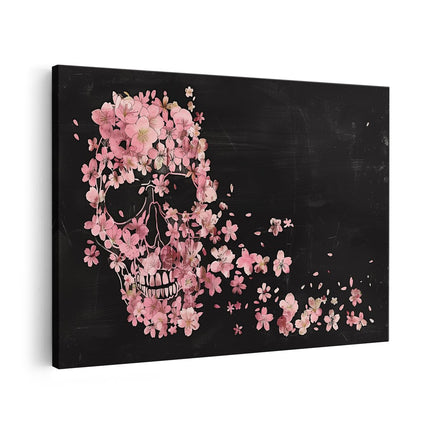 Canvas schilderij vooraanzicht Schedel met Roze Bloemen op een Zwarte Achtergrond