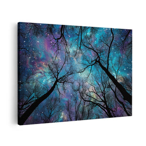 Canvas schilderij vooraanzicht Bomen in de Nachtelijke Hemel met Sterren