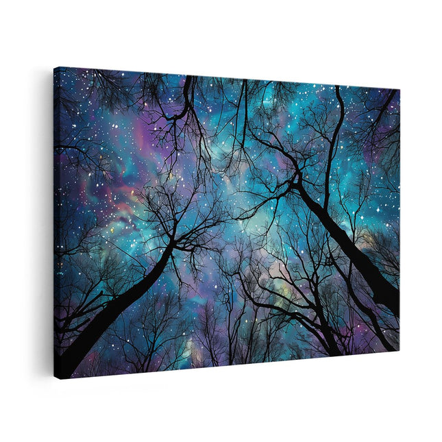 Canvas schilderij vooraanzicht Bomen in de Nachtelijke Hemel met Sterren