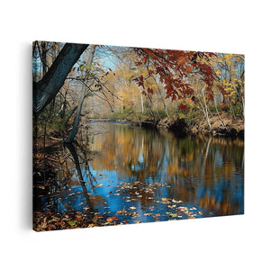 Canvas schilderij vooraanzicht Herfstbladeren Weerspiegeld in een Rivier