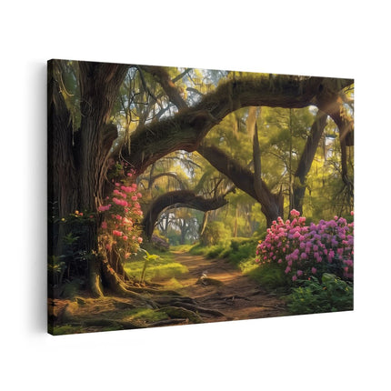 Canvas schilderij vooraanzicht Pad door een Bos met Bloemen