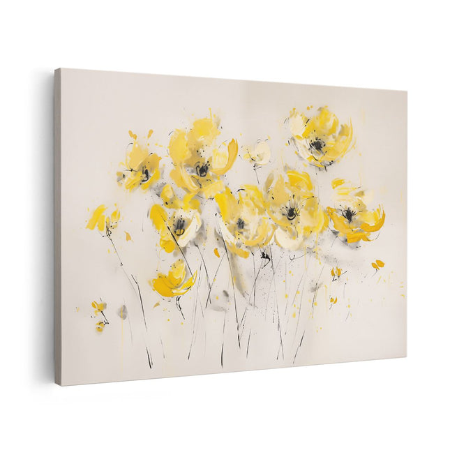 Canvas schilderij vooraanzicht Kunstwerk van Gele Bloemen op een Beige Achtergrond