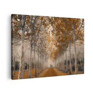 Canvas schilderij vooraanzicht Weg Omzoomd met Bomen in de Herfst