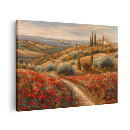 Canvas schilderij vooraanzicht Kunstwerk van een Toscaans Landschap met Rode Klaprozen