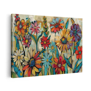 Canvas schilderij vooraanzicht Kleurrijke Bloemen in een Veld