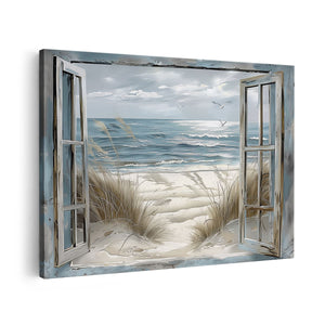 Canvas schilderij vooraanzicht Open Raam met Meeuwen en Zand