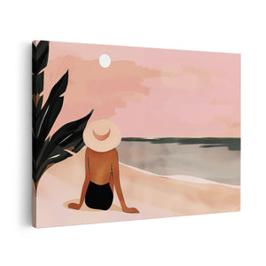 Canvas schilderij vooraanzicht Vrouw Zittend op het Strand