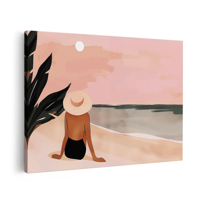Canvas schilderij vooraanzicht Vrouw Zittend op het Strand