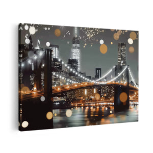 Canvas schilderij vooraanzicht De Brooklyn Bridge is Verlicht met Verlichting