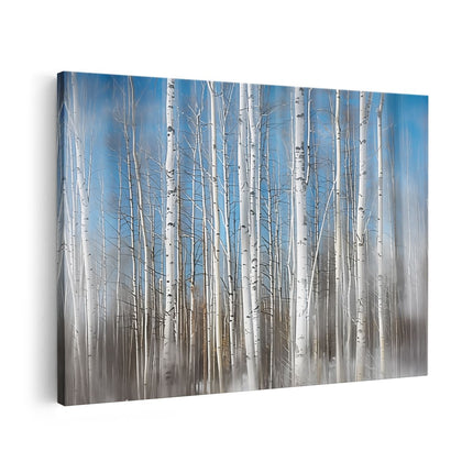 Canvas schilderij vooraanzicht Wazig Beeld van Witte Berkenbomen in de Sneeuw