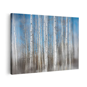 Canvas schilderij vooraanzicht Wazig Beeld van Witte Berkenbomen in de Sneeuw