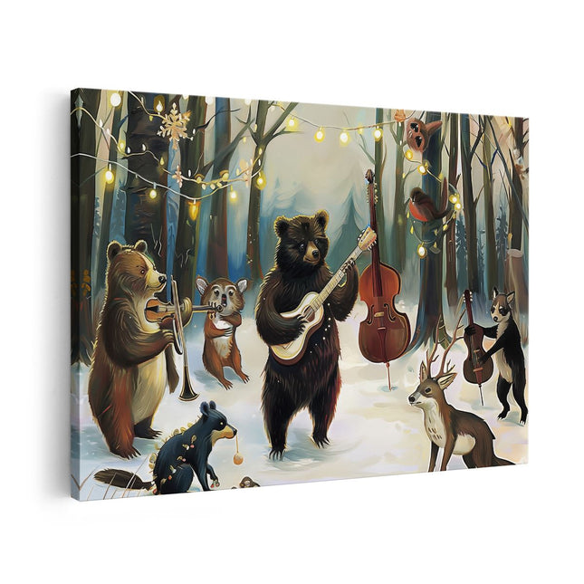Canvas schilderij vooraanzicht Groep Beren die Muziek Spelen in het Bos