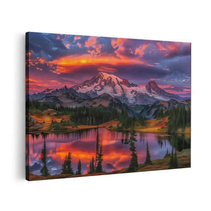 Canvas schilderij vooraanzicht Zonsondergang over Mt Regenachtiger en een Meer