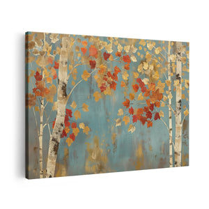 Canvas schilderij vooraanzicht Berkenbomen met Herfstbladeren op een Blauwe Achtergrond