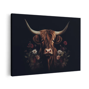 Canvas schilderij vooraanzicht Koe met Hoorns en Bloemen