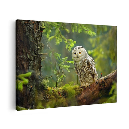 Canvas schilderij vooraanzicht Sneeuwuil Zat op een Boomtak