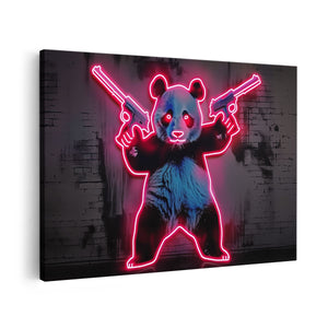 Canvas schilderij vooraanzicht Pandabeer met Twee Geweren