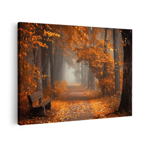 Canvas schilderij vooraanzicht Bankje in een Mistig Bos