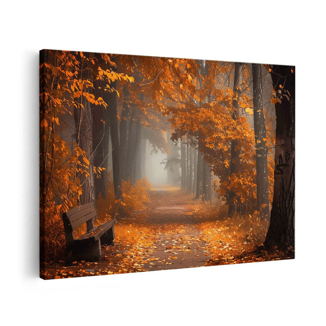 Canvas schilderij vooraanzicht Bankje in een Mistig Bos