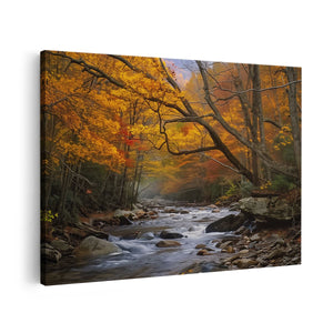 Canvas schilderij vooraanzicht Stroom Omgeven door Bomen in de Herfst