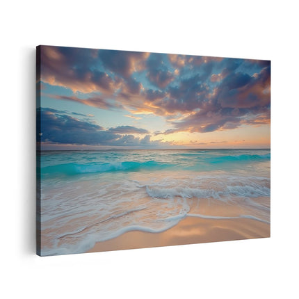 Canvas schilderij vooraanzicht Strand met Golven bij Zonsondergang