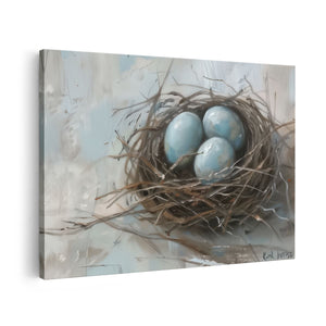 Canvas schilderij vooraanzicht Drie Blauwe Eieren in een Nest