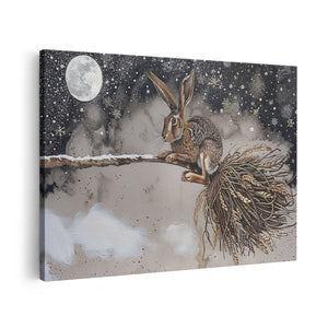 Canvas schilderij vooraanzicht Haas met een Bezem in de Sneeuw