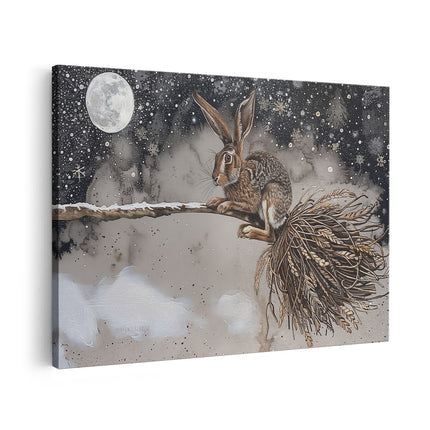 Canvas schilderij vooraanzicht Haas met een Bezem in de Sneeuw