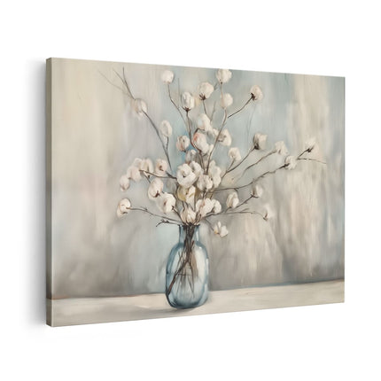 Canvas schilderij vooraanzicht Witte Katoenen Bloemen in een Blauwe Vaas