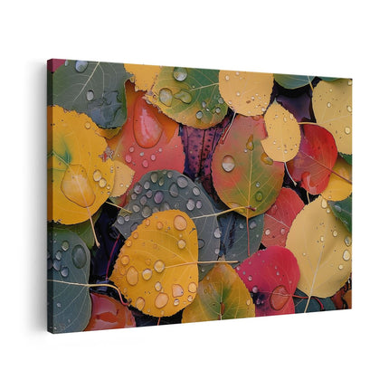 Canvas schilderij vooraanzicht Kleurrijke Bladeren met Waterdruppels