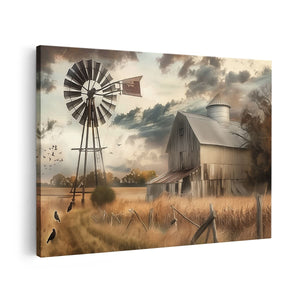 Canvas schilderij vooraanzicht Boerderij met een Windmolen en Kraaien